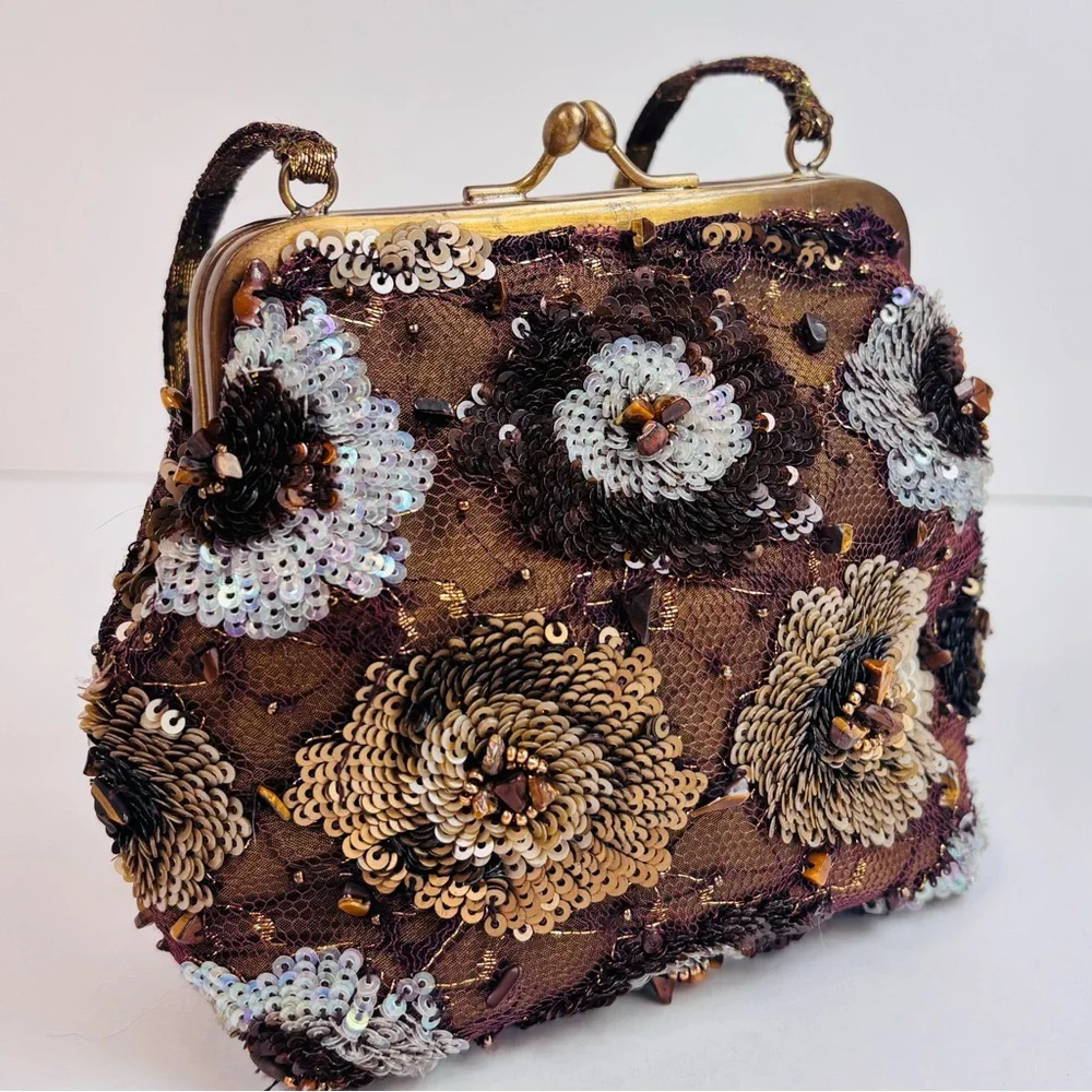 SANTI Y2K Brown Silk Beaded Sequin Tiger’s Eye Evening Luxury Hand Bag‎